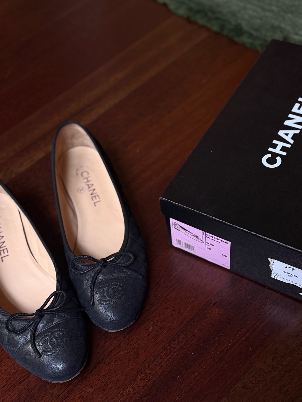 CHANEL Black Quilted CC Logo Ballet Flats with Bow